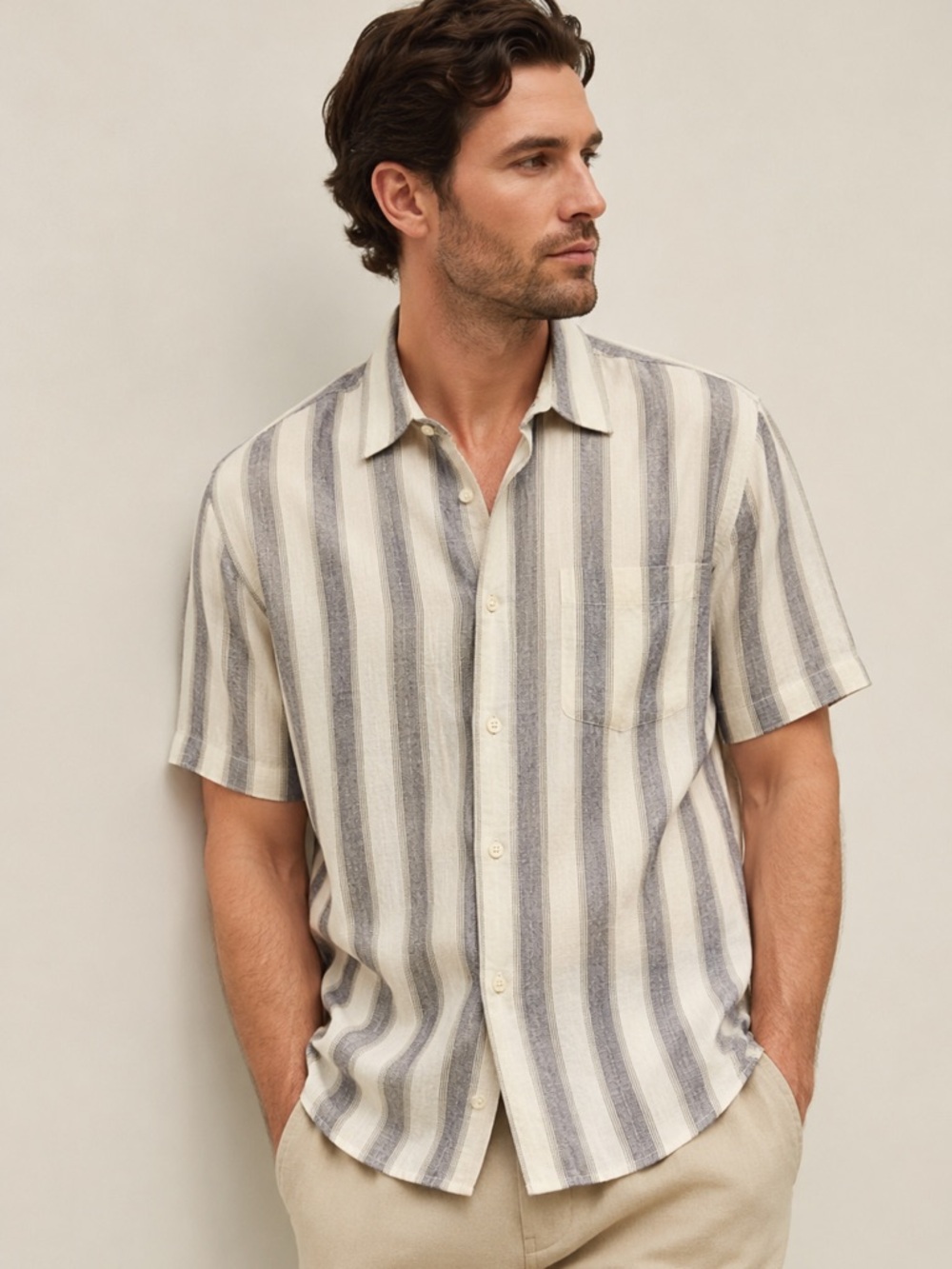 Vince Mens L Gray Cream Striped Short Sleeve Button Shirt Italian Fabric